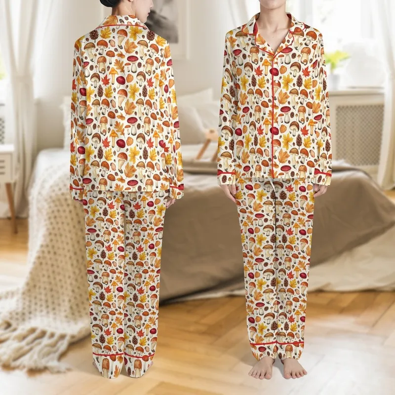 Mushroom Lover's Canvas Low Top: Watercolor Woodland Mushroom & Autumn Leaf Design Satin Pajamas Set - 1