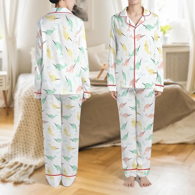 Narwhal Lover's Pajamas: Whimsical Pastel Narwhal & Ocean Bubbles Sleep Set Satin Pajamas Set - 1