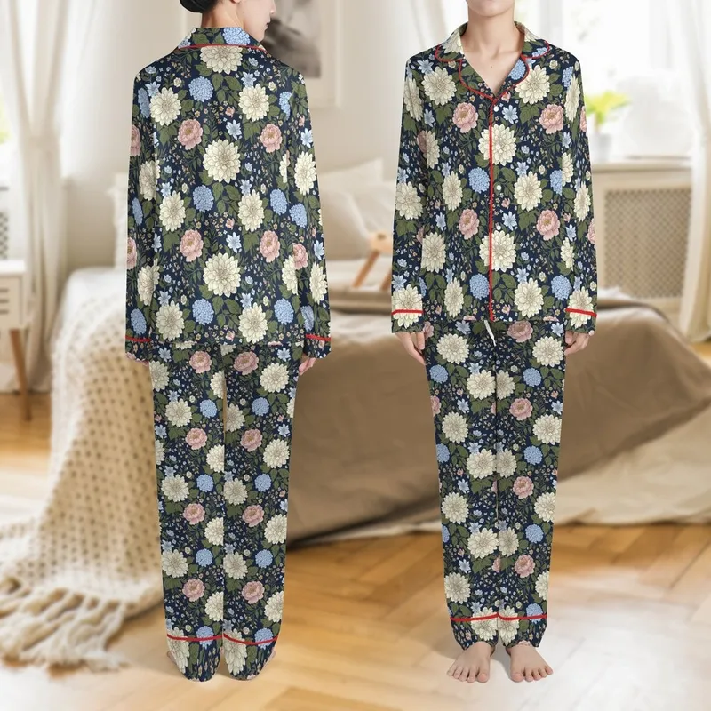 Women's Dark Floral Pajamas: Cottagecore Navy Botanical Cotton Sleep Set Satin Pajamas Set - 1
