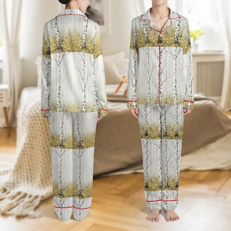 Nature Lover's Impressionistic Birch Tree Forest Sleep Set: White Aspen & Golden Flora Satin Pajamas Set - 1