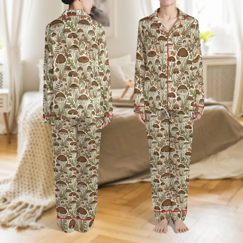Adults' Vintage Mushroom Pajamas: Detailed Botanical Fungi & Forest Foliage Sleep Set Satin Pajamas Set - 1