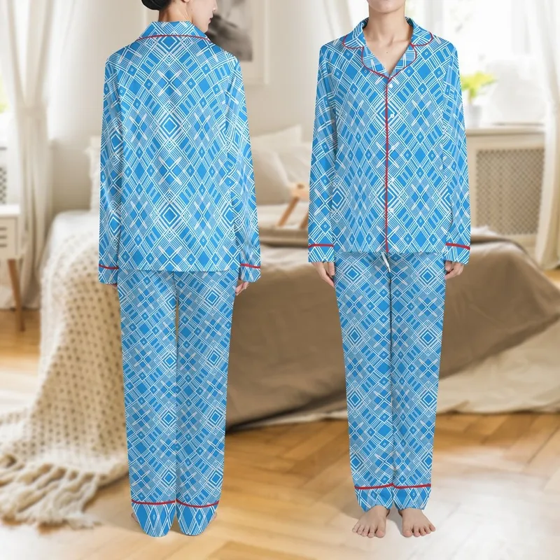 Modern Farmhouse Decor: Sky Blue Plaid Layered Grid Pattern - Durable Polyester Curtain Satin Pajamas Set - 1