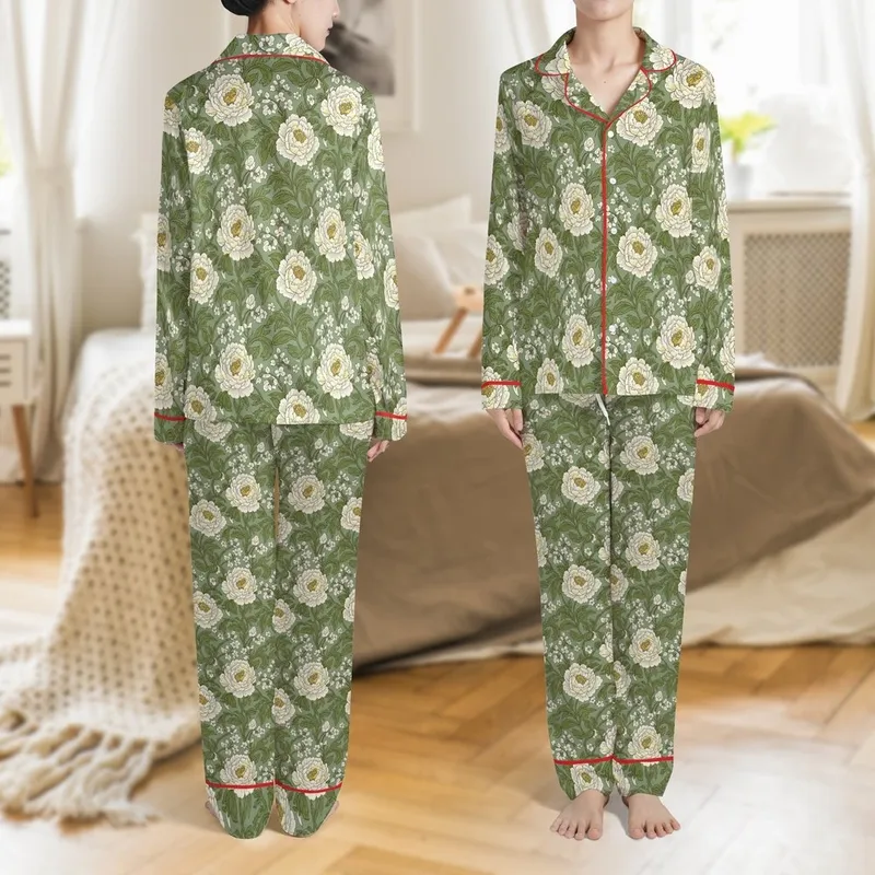 Women's Sage Green Pajamas: Boho Floral Peony Print Sleep Set - Vintage Botanical Loungewear Satin Pajamas Set - 1