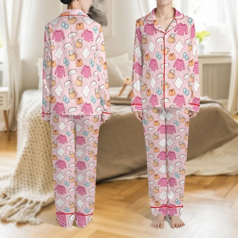Women's Cozy Pink Pajamas: Whimsical Sleepover Dreamland Illustration Satin Pajamas Set - 1