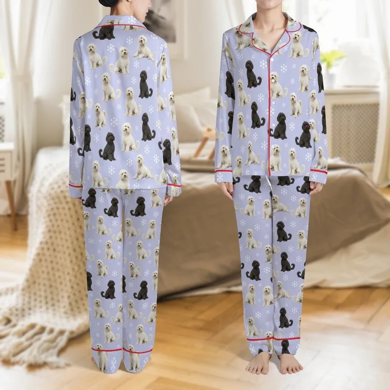 Custom Photo Gift: Fluffy Doodle Dog Snowflake Lavender Print Personalized Lounge Bottoms Satin Pajamas Set - 1