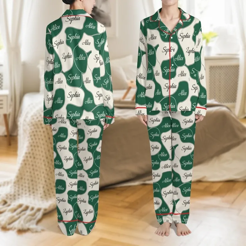 Bridesmaid & Bridal Long Sleeve Satin Sleep Set: Script Name Pattern, Cream Green Organic Cursive Satin Pajamas Set - 1