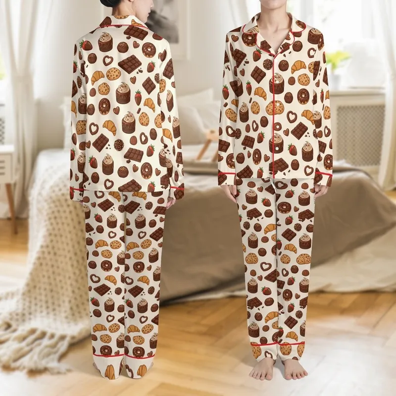 Women's Comfy Loungewear: Chocolate Bars, Truffles, Donuts Pattern Satin Pajamas Set - 1