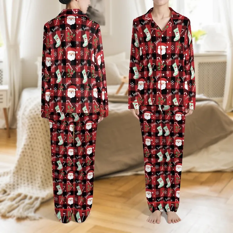 Custom Face Family Christmas Pajamas: Funny 6 7 Meme Buffalo Plaid Holiday Sleep Set Satin Pajamas Set - 1