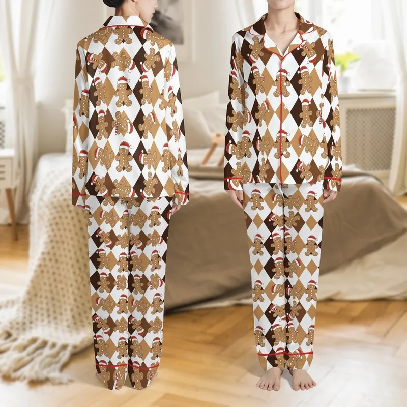 Family Christmas: Santa Gingerbread Argyle Pattern - Brown Long Sleeve Matching Raglan PJs Set Satin Pajamas Set - 1