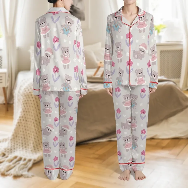 Whimsical Crochet Teddy Bear: Pajamas Overalls Dress Pattern & Orchid Hearts - Cozy Loungewear Print Satin Pajamas Set - 1