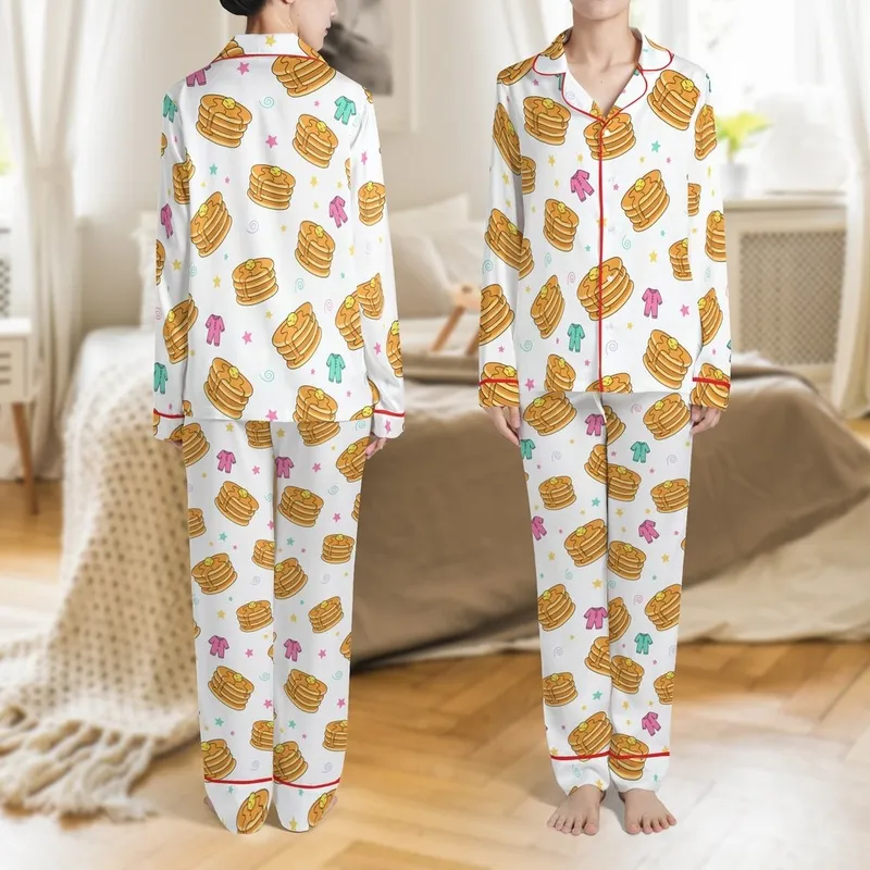 Kids Birthday Pink Pancakes Pajamas: Whimsical Breakfast Pattern Sleep Set Satin Pajamas Set - 1
