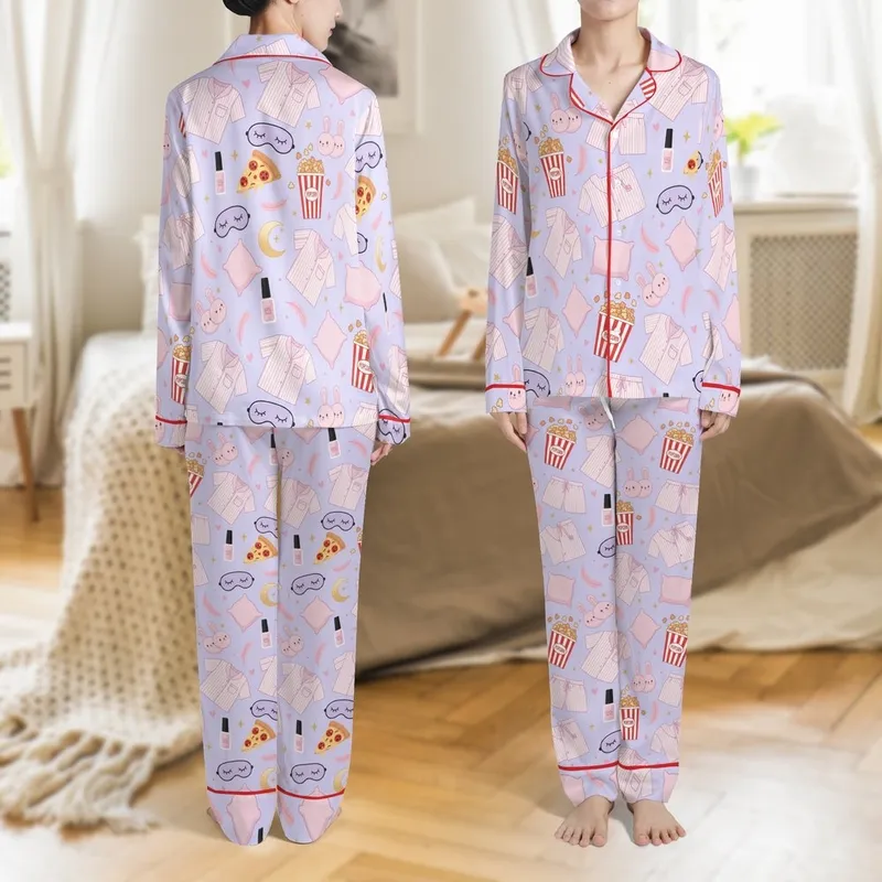 Girls' Whimsical Pizza Pajamas Sleep Set: Cute Movie Night & Slumber Party Loungewear Pattern Satin Pajamas Set - 1