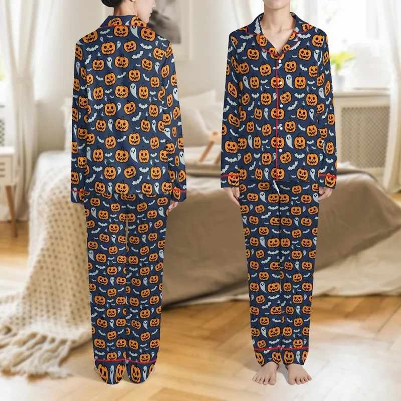Women's Cute Halloween Jack-o'-Lantern Bat Pattern Short Sleeve Button-Down Sleep Set Satin Pajamas Set - 1