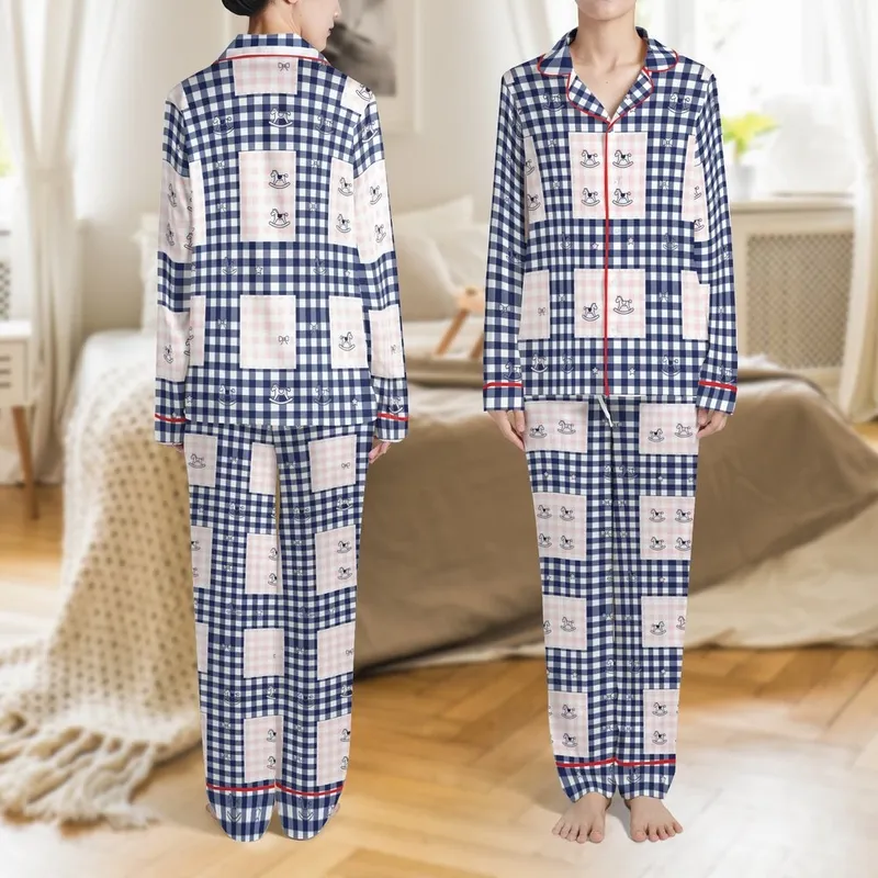 34cm Baby Doll Sewists: Gingham Rocking Horse Star Bow Pajama Digital Pattern Satin Pajamas Set - 1