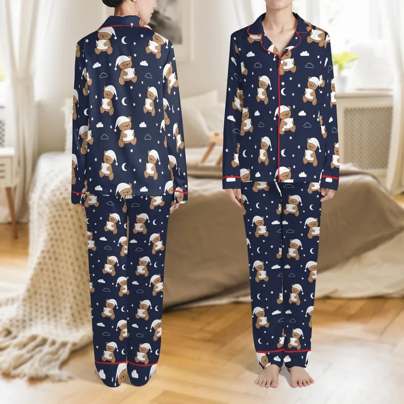 Unisex Youth Adaptive Sleepsuit: Navy Teddy Bear Moon Print, Short Sleeve Cotton Full Back Zipper Satin Pajamas Set - 1