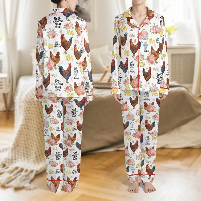 Funny Chicken Mom Pajamas: Floral Farm Animal Rooster & Hen Print - Soft Stretch Sleep Set Satin Pajamas Set - 1