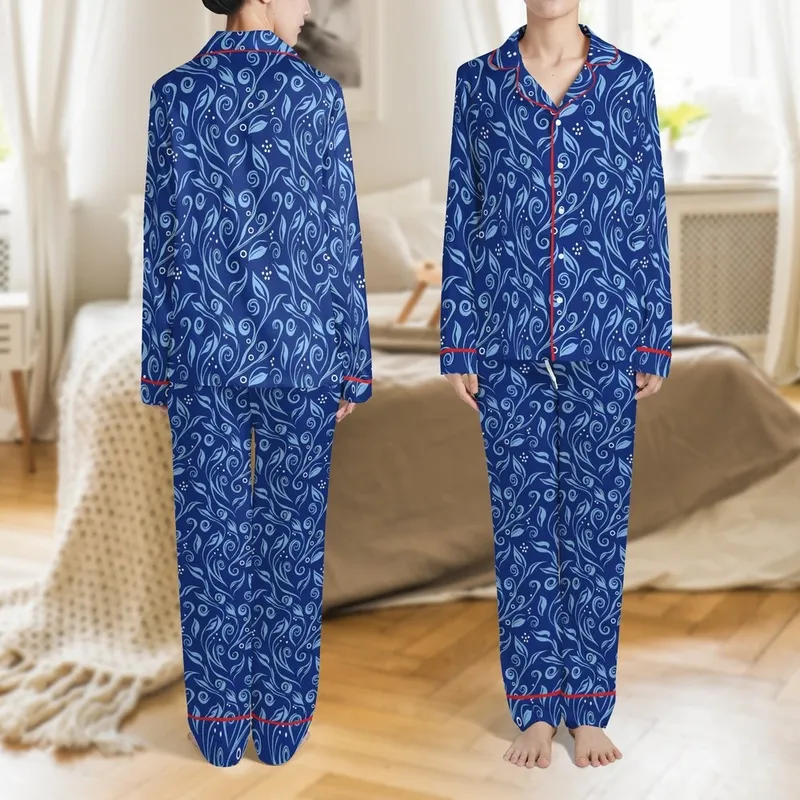 Women's Silk Pajamas: Royal Blue Abstract Botanical Print Long Sleeve Sleep Set Satin Pajamas Set - 1