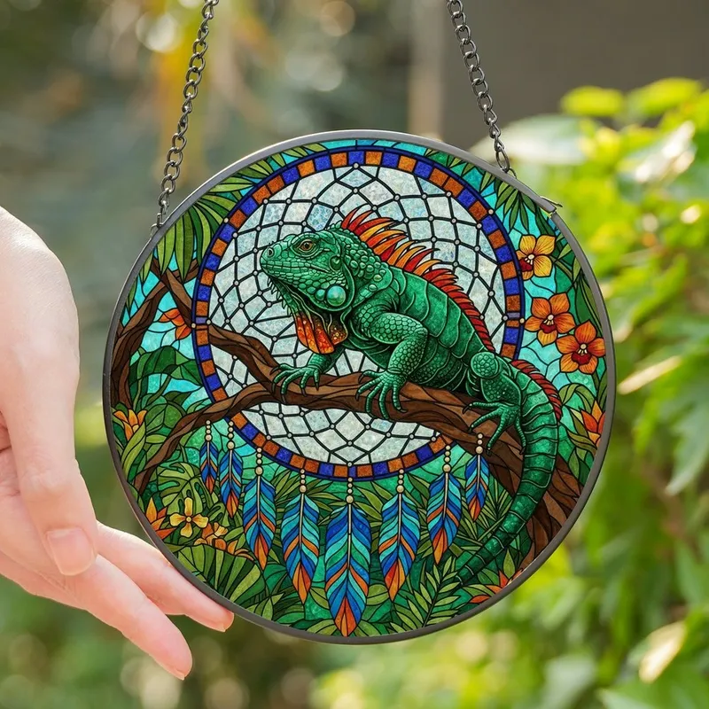 Nature Enthusiasts' Emerald Iguana Tiffany Glass Dreamcatcher Blue Orange Tropical Art Stained Glass Suncatcher - 1