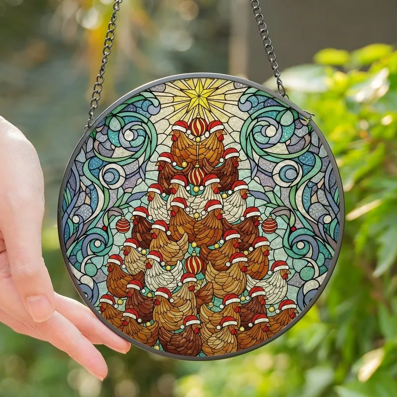 Whimsical Holiday Lovers' Stained Glass Chicken Christmas Tree Emerald Ruby Teal Mosaic Stained Glass Suncatcher - 1