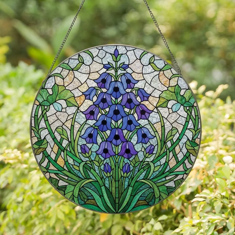 Art Lovers' Tiffany Style Stained Glass Bell Flowers, Sapphire Blue Amethyst Purple Emerald Green Floral Mosaic Stained Glass Suncatcher - 1
