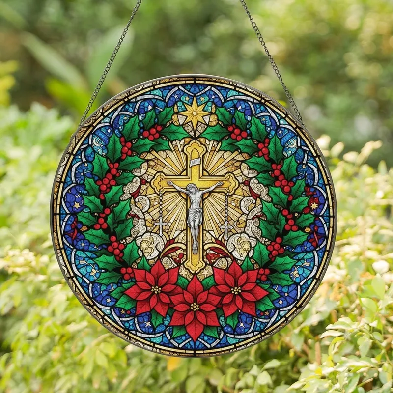 Faithful Art Admirers' Golden Crucifix Tiffany Stained Glass Holly Poinsettia Jewel Tone Mosaic Stained Glass Suncatcher - uf2k4tpJQj