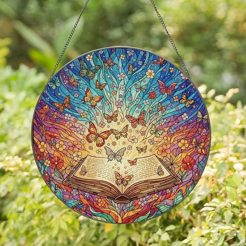 Fantasy Art Enthusiasts' Tiffany Style Magical Book Butterflies Aurora Vibrant Jewel Tones Stained Glass Suncatcher - 1