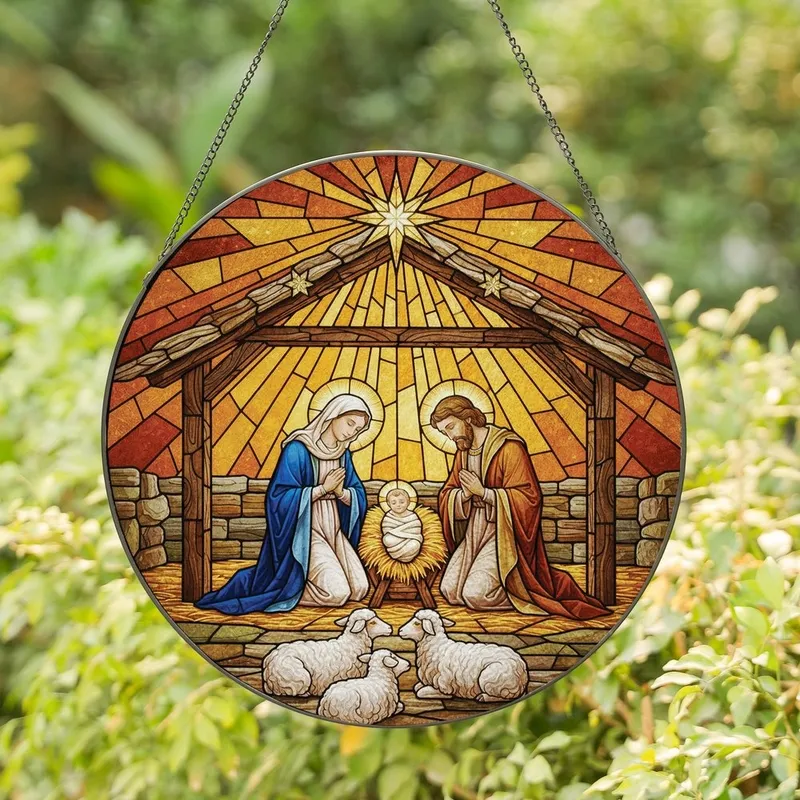 Holiday Art Collectors' Jewel Tone Stained Glass Nativity Mary Joseph Jesus Radiant Star Amber Blue Gold Mosaic Stained Glass Suncatcher - H4gHPI_C9v