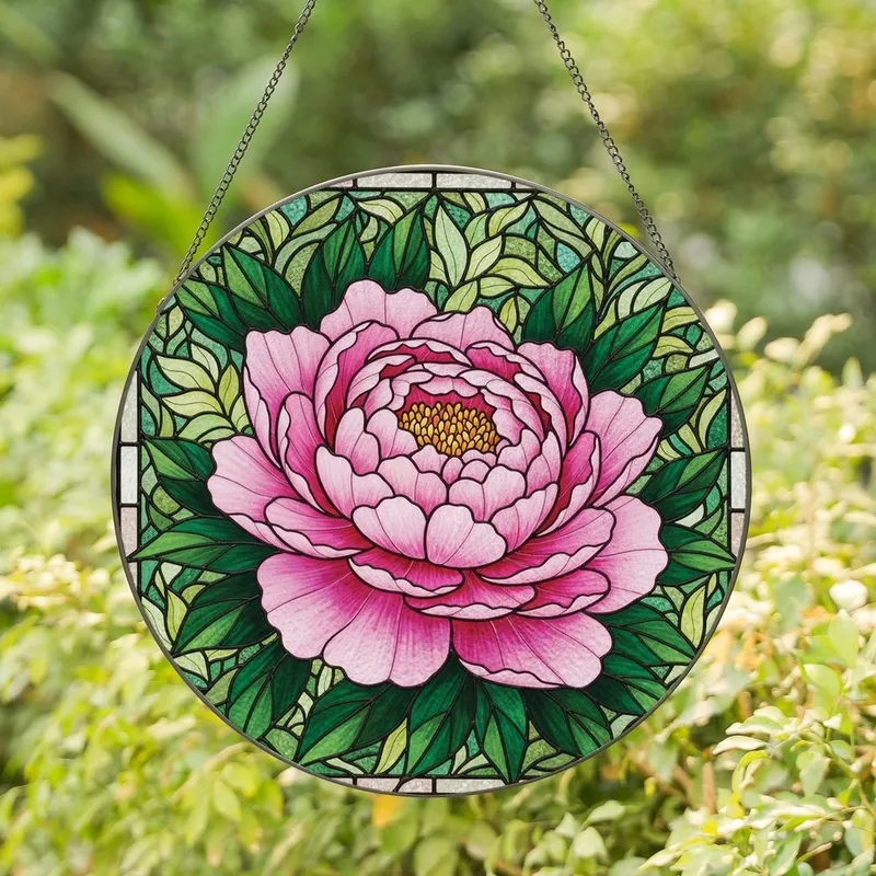 Women's Stained Glass Tiffany Style Peony Fuchsia Pink Golden Yellow Emerald Green Intricate Botanical Mosaic Stained Glass Suncatcher - 1