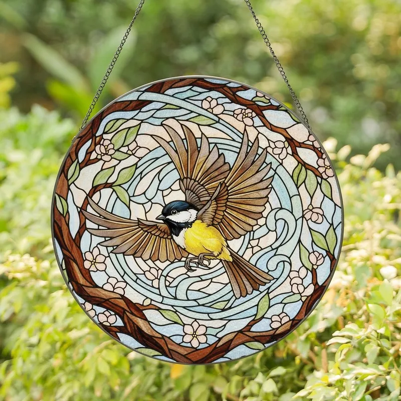 Nature Lovers' Intricate Stained Glass Chickadee In Flight Black Yellow Amber Tiffany Mosaic Stained Glass Suncatcher - 1