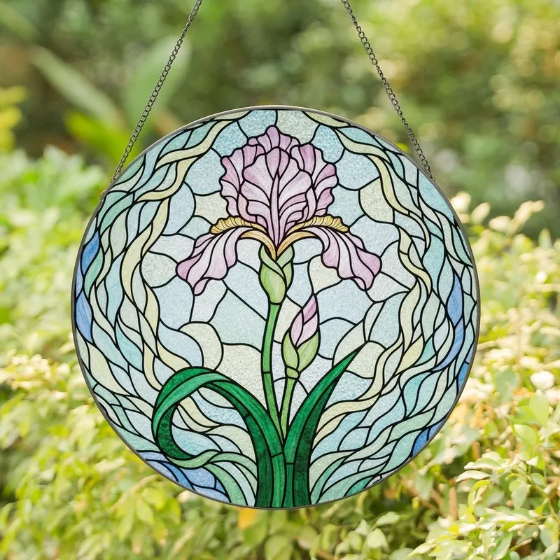 Art Lovers' Tiffany Stained Glass Iris Flower Ethereal Swirls Jewel Tones Pink Lavender Green Stained Glass Suncatcher - 1