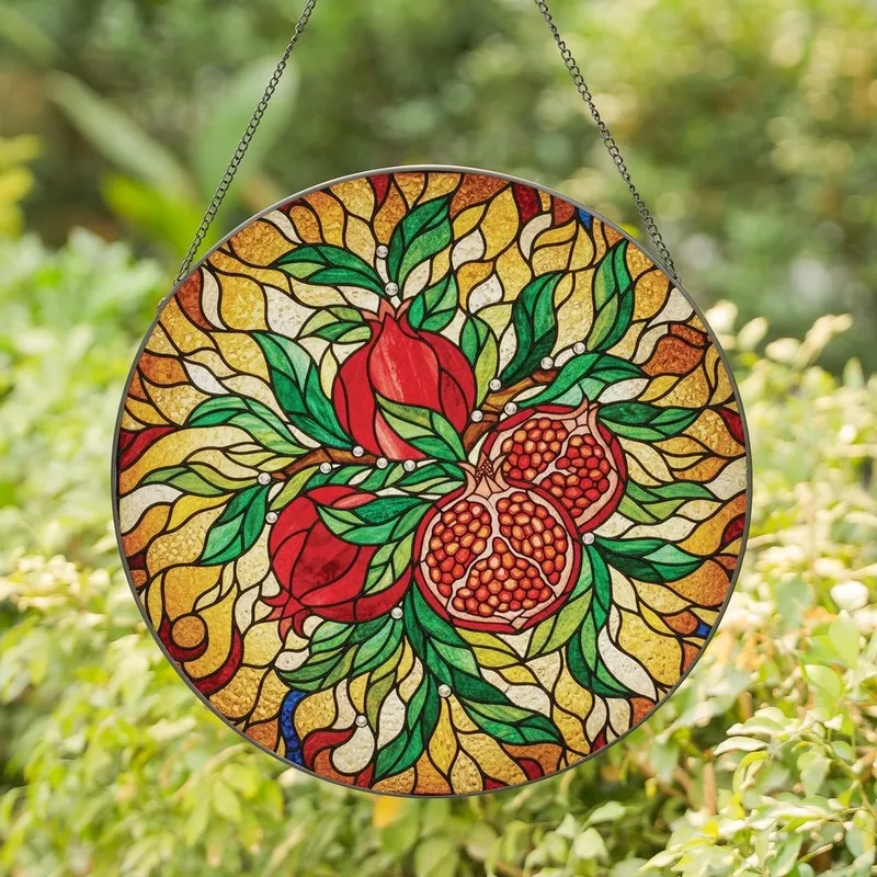Botanical Art Lovers' Vibrant Tiffany Stained Glass Pomegranate Jewel Tone Mosaic Edge-to-Edge Art Stained Glass Suncatcher - 1
