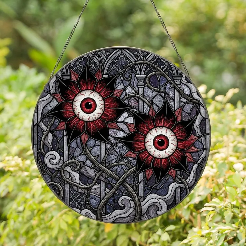 Alternative Style Lovers' Detailed Stained Glass Macabre Eyeball Flowers & Thorny Stems Stained Glass Suncatcher - 1