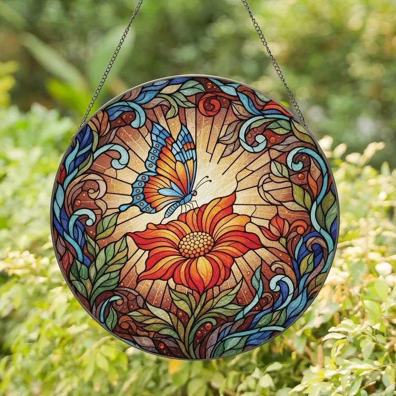 Nature Lovers' Glowing Stained Glass Blue Orange Butterfly Red Flower Organic Mosaic Stained Glass Suncatcher - 1