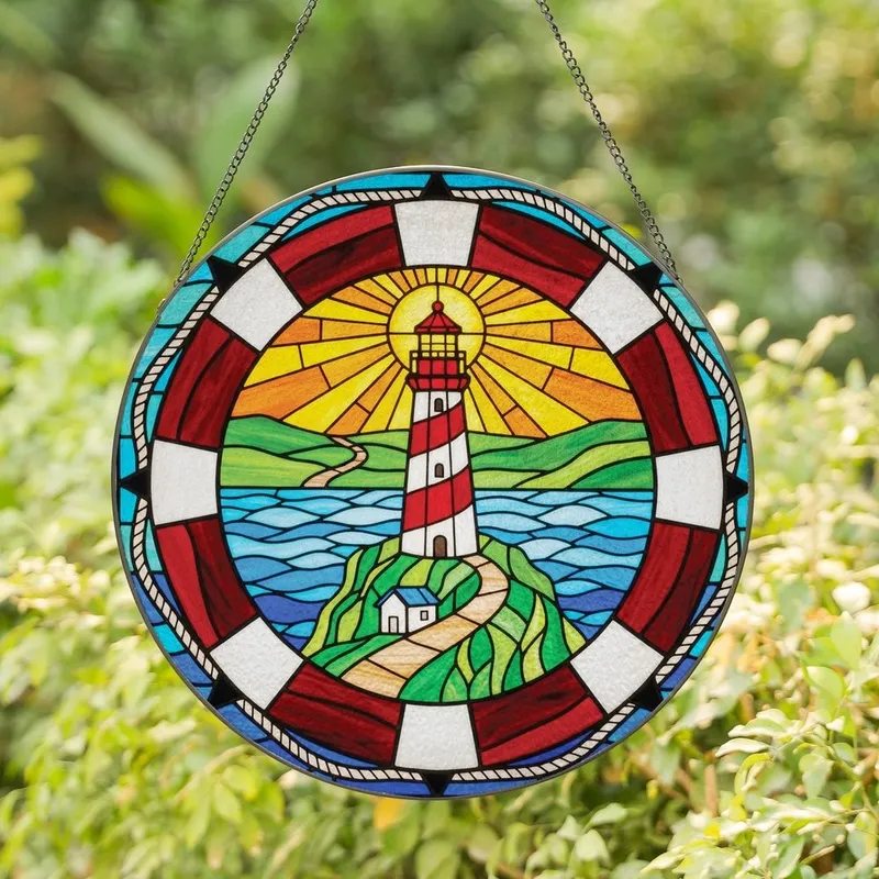 Coastal Art Admirers' Tiffany Glass Lighthouse Lifebuoy Frame Jewel Tone Ocean Mosaic Stained Glass Suncatcher - 1