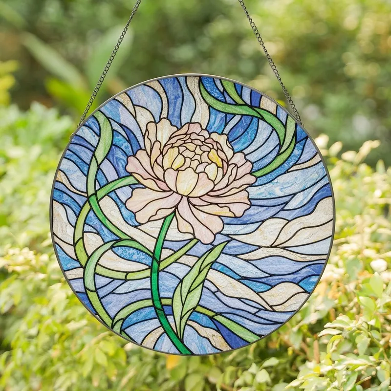 Women's Elegant Stained Glass Peony Mosaic Iridescent Jewel Tones Blush Pink Cream Green Stained Glass Suncatcher - 1