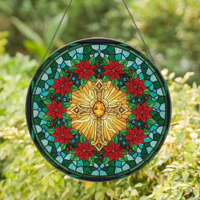 Faithful Art Enthusiasts' Tiffany Stained Glass Golden Cross, Poinsettia Wreath, Jewel Tone Mosaic Pattern Stained Glass Suncatcher - 1