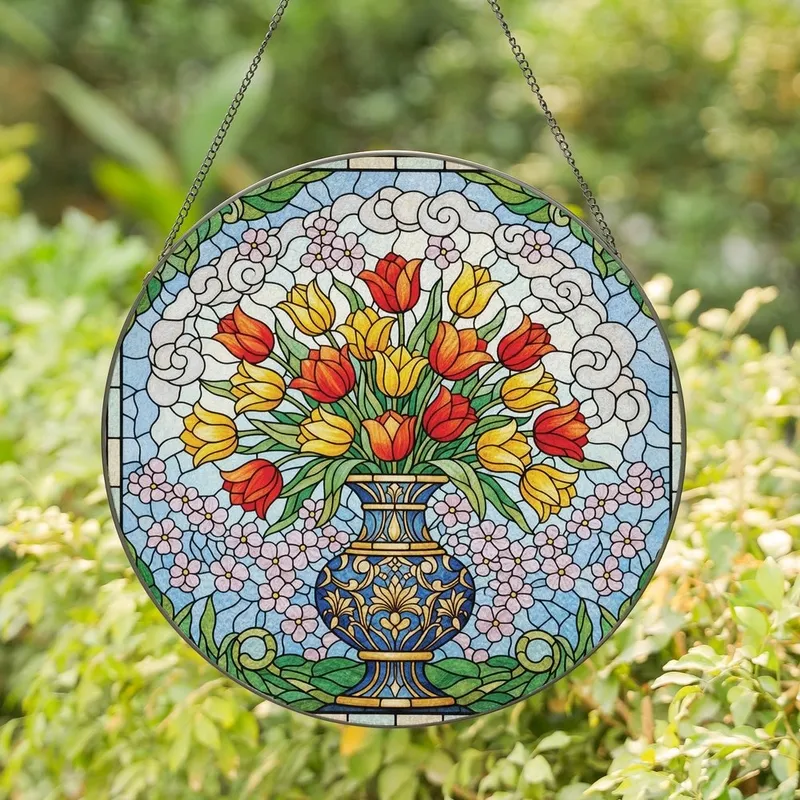 Art & Nature Lovers' Vibrant Tiffany Stained Glass Tulip Bouquet Intricate Jewel Tone Floral Mosaic Stained Glass Suncatcher - 1