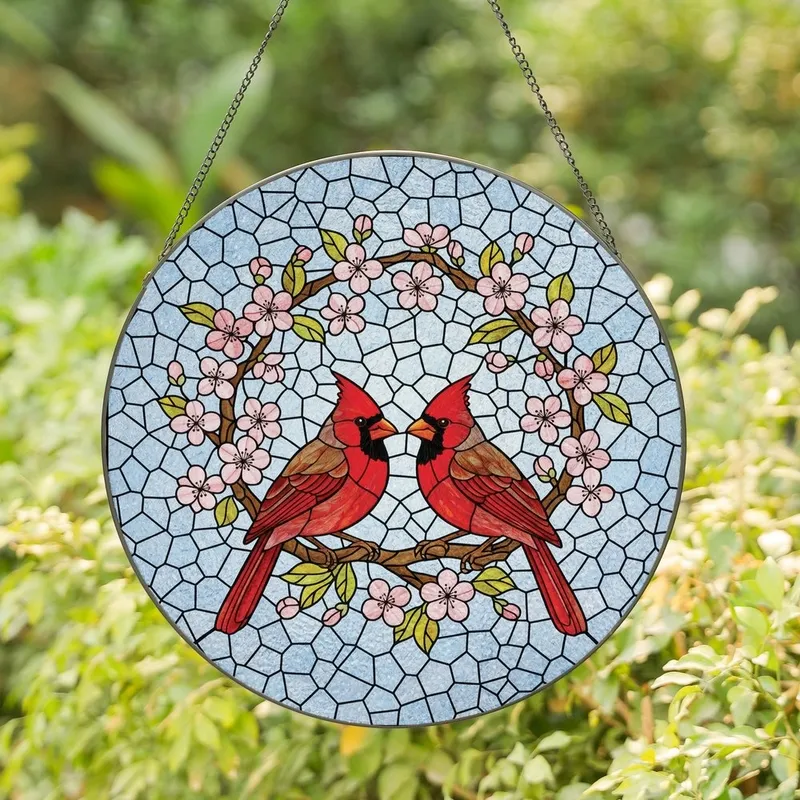 Nature Lovers' Vibrant Jewel Tone Stained Glass Male Female Cardinal Cherry Blossom Wreath Stained Glass Suncatcher - UyYoe4-5CU