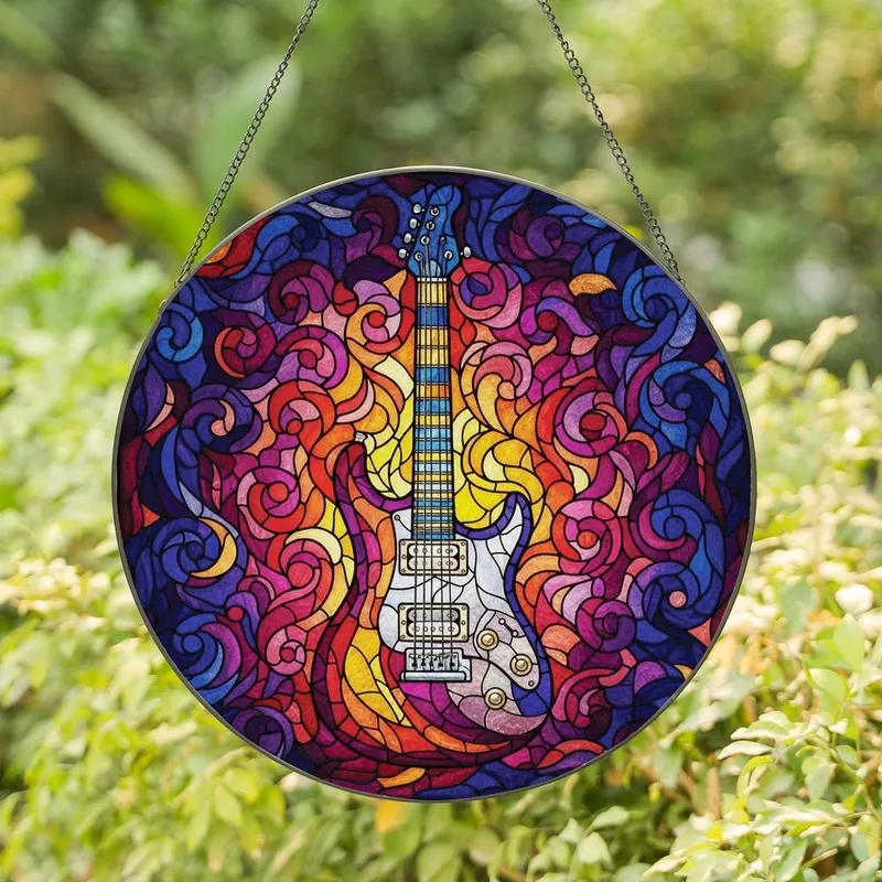 Music Lovers' Vibrant Tiffany Style Stained Glass Electric Guitar Mosaic with Glowing Jewel Tones Stained Glass Suncatcher - 1