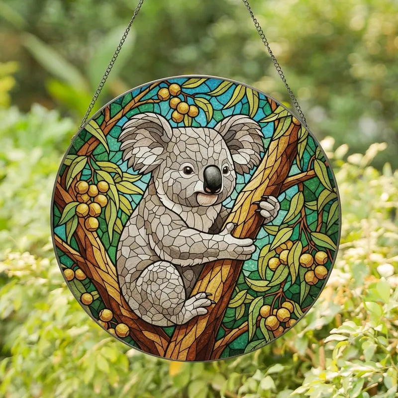 Wildlife Enthusiasts' Intricate Tiffany-Style Stained Glass Koala Eucalyptus Forest Mosaic Jewel Tones Stained Glass Suncatcher - IJXgCWEVz_