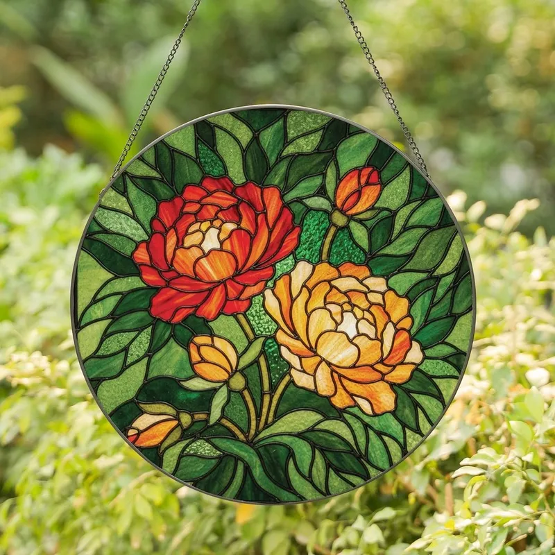 Art Lovers' Fiery Orange Red Yellow Cream Green Tiffany Stained Glass Peony Floral Mosaic Stained Glass Suncatcher - -c3kubk1_3