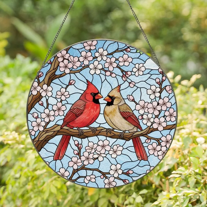 Bird Lovers' Jewel Tone Red Tan Stained Glass Cardinal Pair Cherry Blossom Mosaic Stained Glass Suncatcher - 1