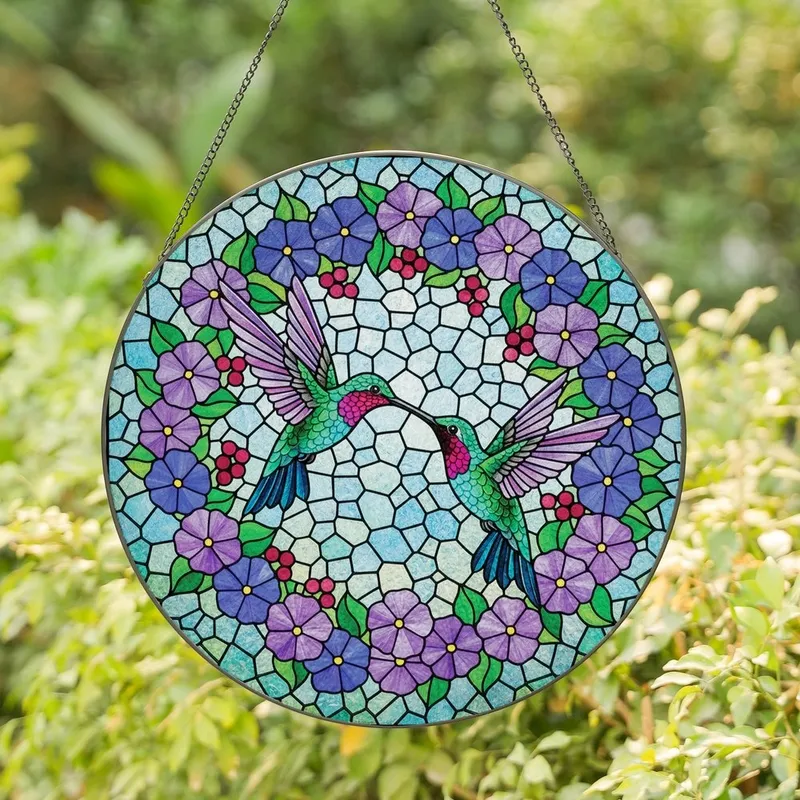 Nature Lovers' Vibrant Tiffany Stained Glass Hummingbirds Purple Blue Green Floral Mosaic Stained Glass Suncatcher - 9ayen6Hhbl