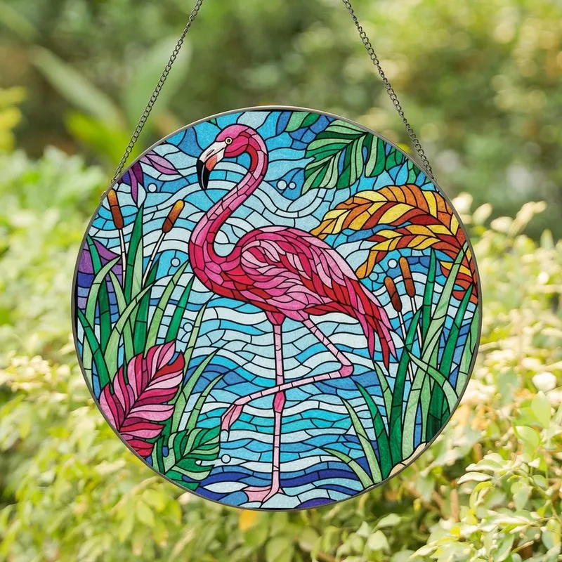 Art Lovers' Tiffany Stained Glass Flamingo Mosaic Rose Pink Fuchsia Jewel Tones Stained Glass Suncatcher - 1
