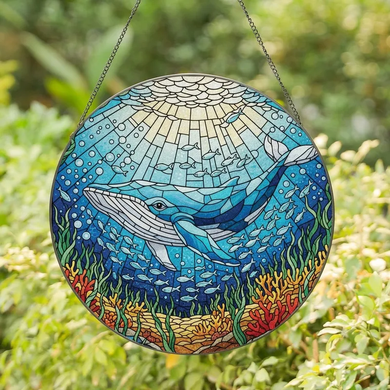 Ocean Lovers' Majestic Whale Tiffany Stained Glass Aqua Teal Ocean Depths Mosaic Art Stained Glass Suncatcher - oKEjkluOjE