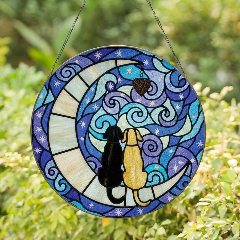 Dog Lovers' Jewel-Toned Stained Glass Crescent Moon Canine Companions Night Sky Mosaic Art Black Golden Yellow Stained Glass Suncatcher - 30woGZZdMs