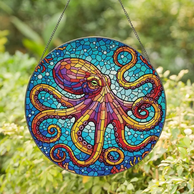 Deep Sea Admirers' Intricate Stained Glass Octopus Jewel Tone Mosaic Gold Orange Purple Blue Teal Stained Glass Suncatcher - 1