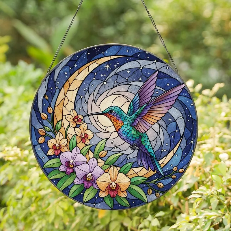 Nature & Celestial Art Lovers' Vibrant Jewel Tone Stained Glass Hummingbird Orchid Crescent Moon Celestial Night Pattern Stained Glass Suncatcher - 1
