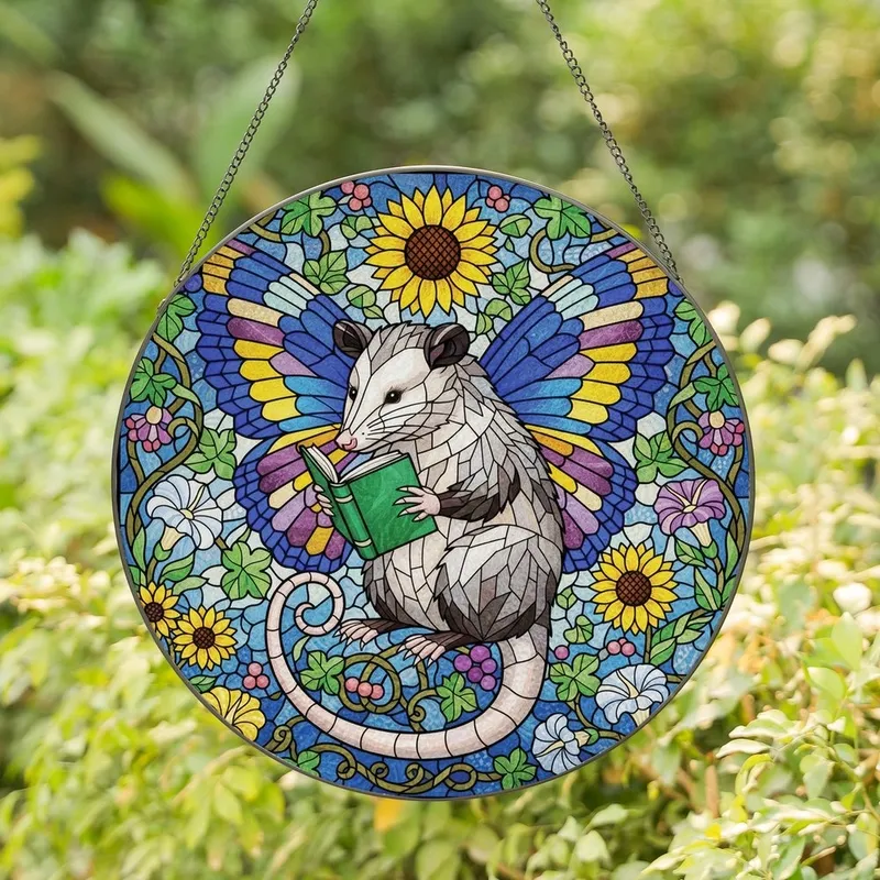 Whimsical Nature Lovers' Stained Glass Opossum Reading Intricate Butterfly Wings Floral Mosaic Jewel Tones Stained Glass Suncatcher - 1