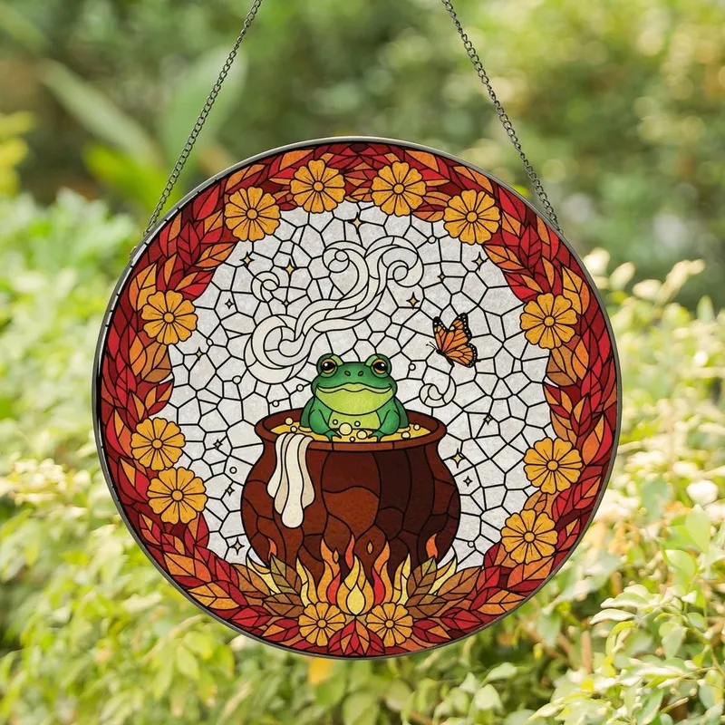 Fantasy Art Enthusiasts' Jewel Tone Stained Glass Frog Cauldron Marigold Autumn Leaf Mosaic Art Stained Glass Suncatcher - oi4OzH-ovN